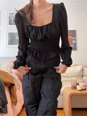 Nasty Gal Black Smocked Peplum Long-Sleeve Blouse